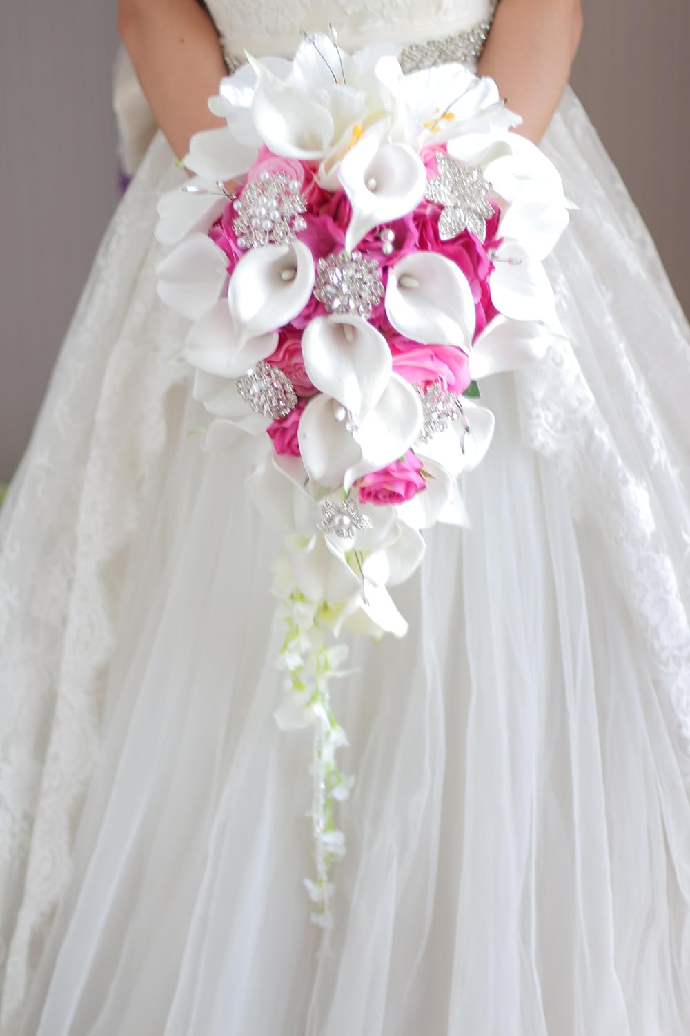 Amazon Com Iffo S New Bridal Bouquet Wedding Flowers Calla Lilies Artificial Flowers Waterfalls Water Drop Style Collection Decorations Rose Pink Kitchen Dining