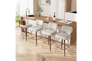Choairy Swivel Bar Stools Set of 4, 26" Upholstered Faux Leather Counter Height Barstools with Walnut Back & Bentwood Legs, Mid Century Modern Bar Chairs Island Stools for Kitchen Counter, Cream White