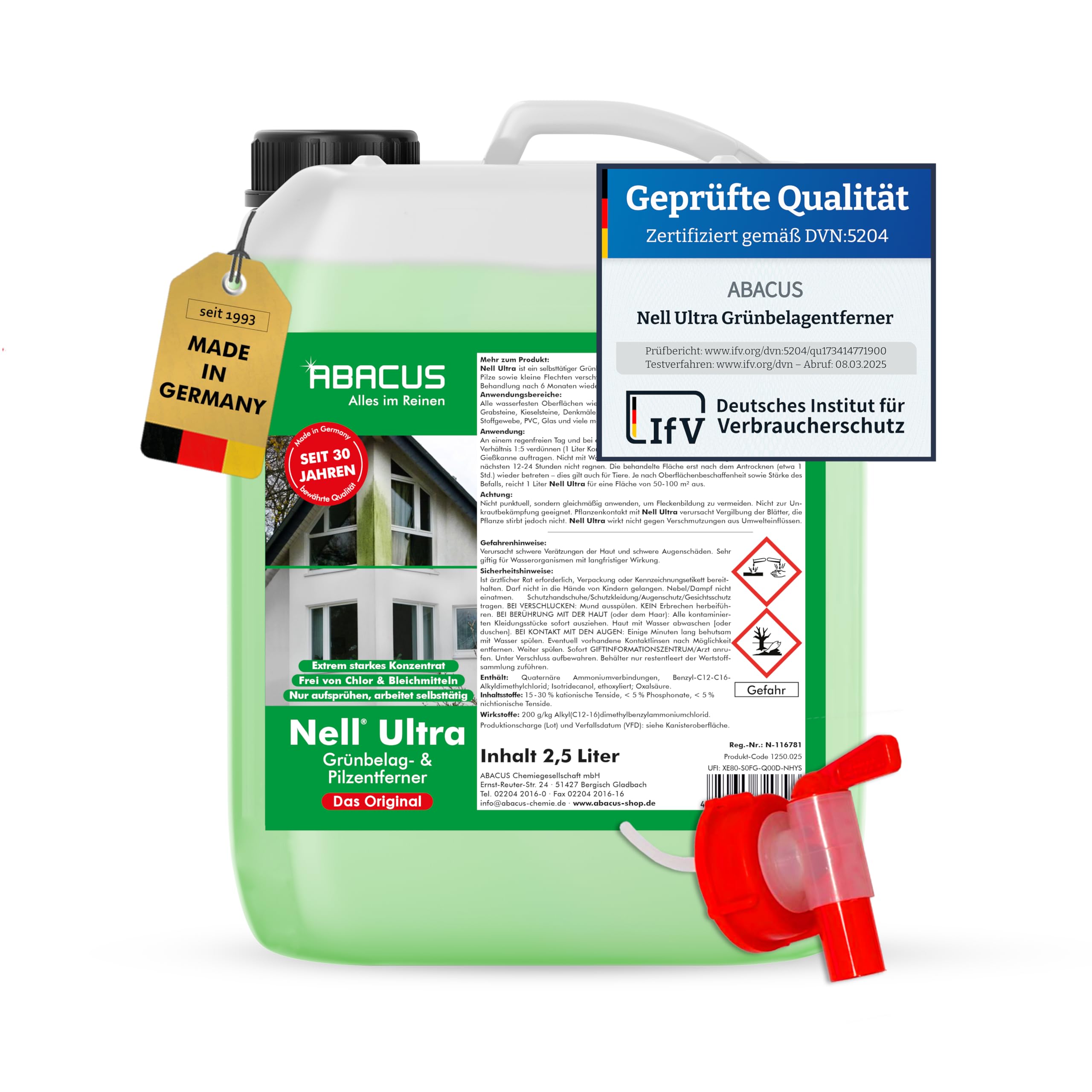ABACUS® Nell Ultra Grünbelagentferner & Algenentferner Konzentrat, extrem stark! Entfernt Grünbelag & Algen selbsttätig ohne zu Schrubben – für Stein, Fassade, Terrasse, Dach – Nell Ultra 2,5 Liter