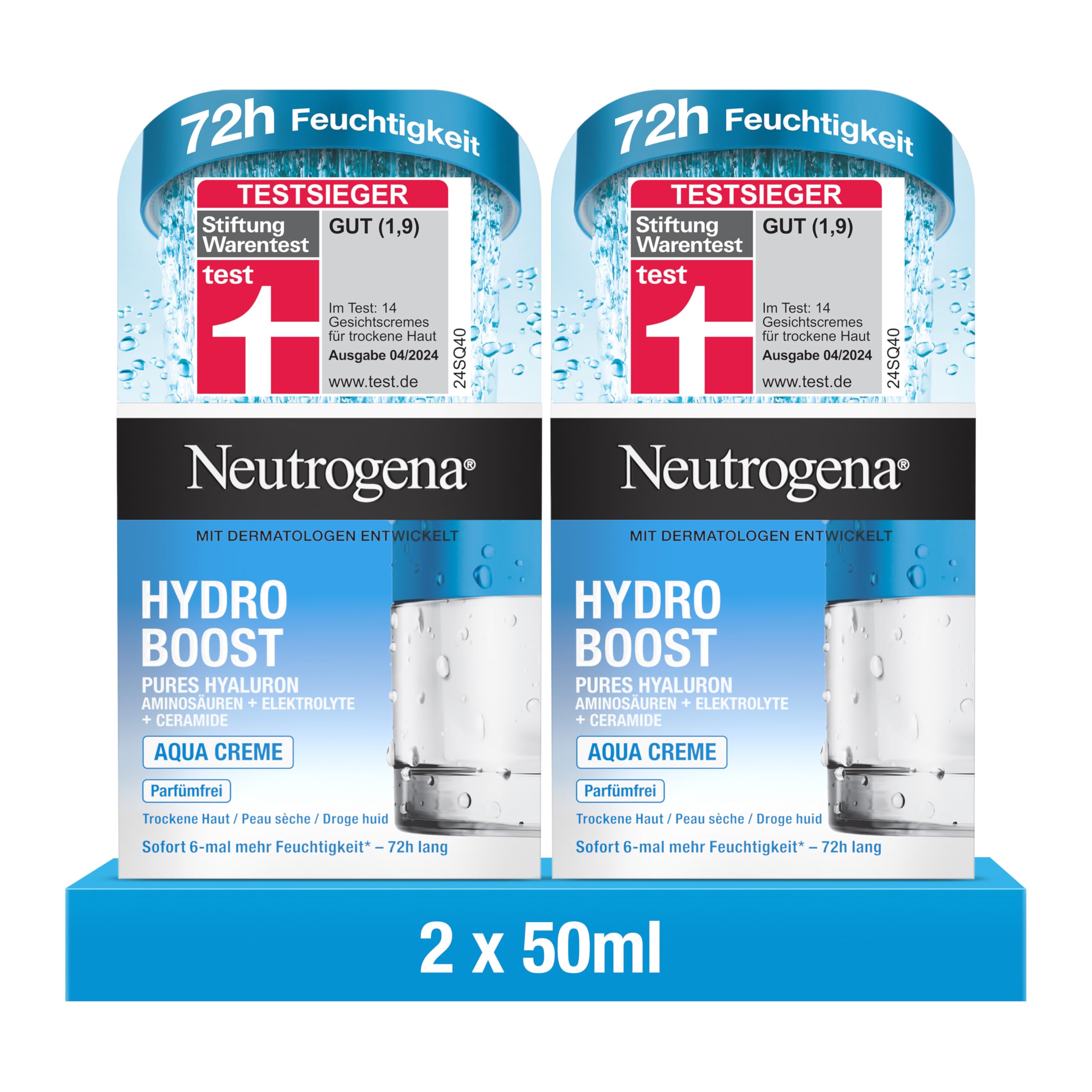 Neutrogena Hydro Boost Aqua Creme, Testsieger, parfümfreie Gesichtscreme mit Hyaluronsäure, Aminosäuren, Elektrolyten & Ceramiden, intensive Gesichtspflege für glatte & geschmeidige Haut (2x50 ml)