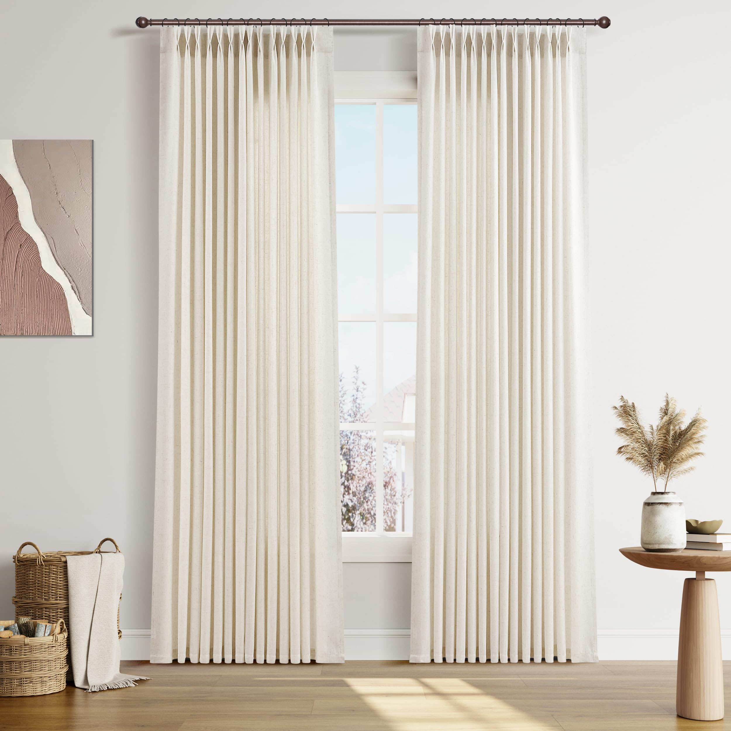 Photo 1 of Joywell Linen Pinch Pleated Window Curtains 84 Inch Long,Back Tab Clip Rings Semi Sheer Light Filtering Drapes with Hooks for Bedroom Living Room Decor,W50 x L84,Natural Beige,2 Panels 7 FT