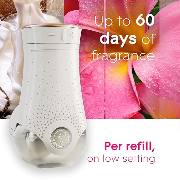 GLADE PLUGINS REFILLS AIR FRESHENER STARTER KIT, SCENTED AND ESSENTIAL OILS FOR HOME AND BATHROOM, EXOTIC TROPICAL BLOSSOMS, 0.67 FL OZ, 1 WARMER + 1 REFILL