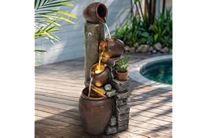Autodaya 40" H Overszied Outdoor/Indoor Water Fountain with LED Lights and Pump, Cascading Pitchers Farmhouse Garden Fountain Waterfall for Patio, Porch, or Yard