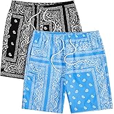 Floerns 2 Pack Men's Boho Drawstring Waist Paisley Print Summer Beach Shorts