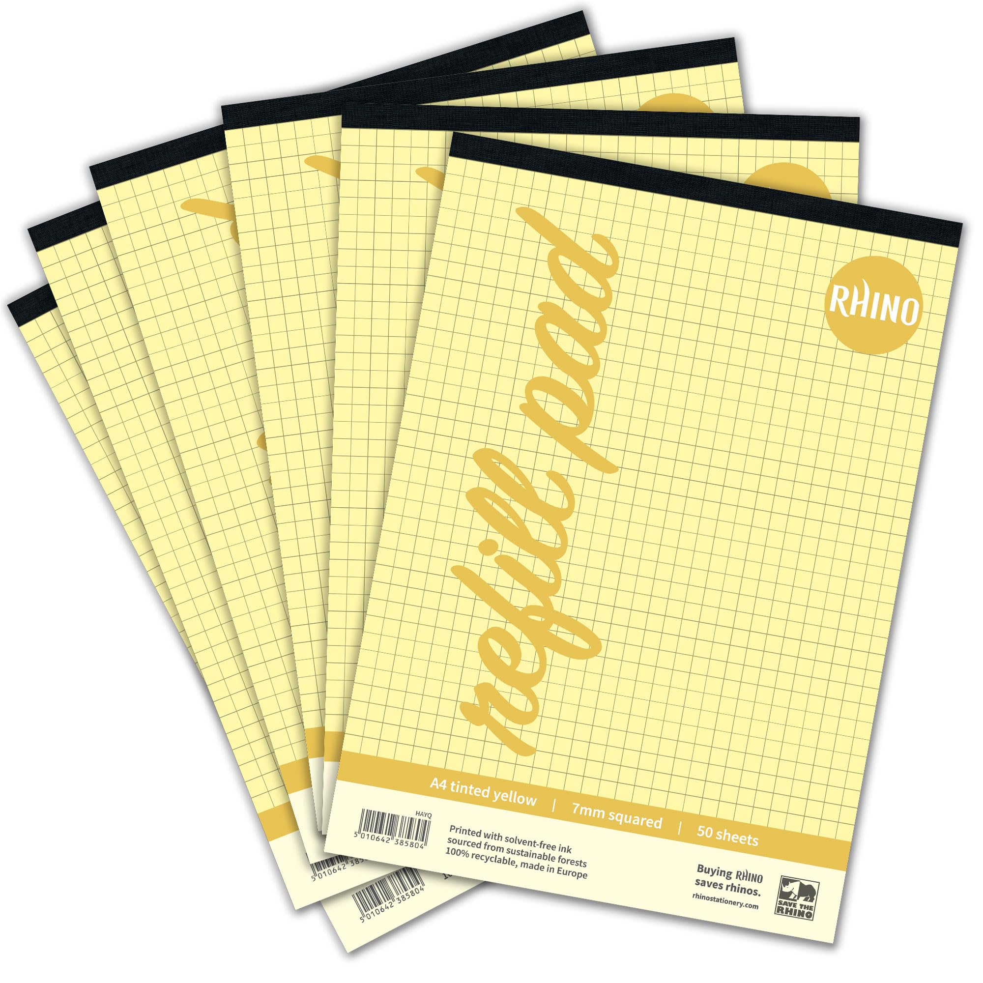 RHINO A4 Refill Pad, Writing Pad, 100-Page / 7mm Squared, 6-Pack, Yellow Squared Writing Paper for Dyslexia & SEN, Office & School Stationery Supplies