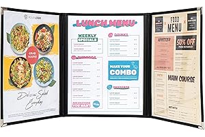 Ylittaa Menu Covers, Triple Fold, 3 Pockets, 6 View, for 8.5" x 11" Letter Size Paper, Pack of 6, Black Edging + Silver Metal Corner, Made with Leatherette & Vinyl