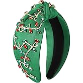 boderier Christmas Headbands for Women Christmtas Lights Headband Jeweled Crystal Embellished Wide Knotted Headband Xmas Holiday Accessories Gifts (Green-Rhinestone Lights)