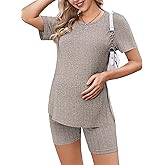 Ekouaer Maternity Sets 2 Piece Outfits Ribbed Knit Short Sleeve Shirts and Biker Shorts Pregnancy Loungewear Mama Clothes