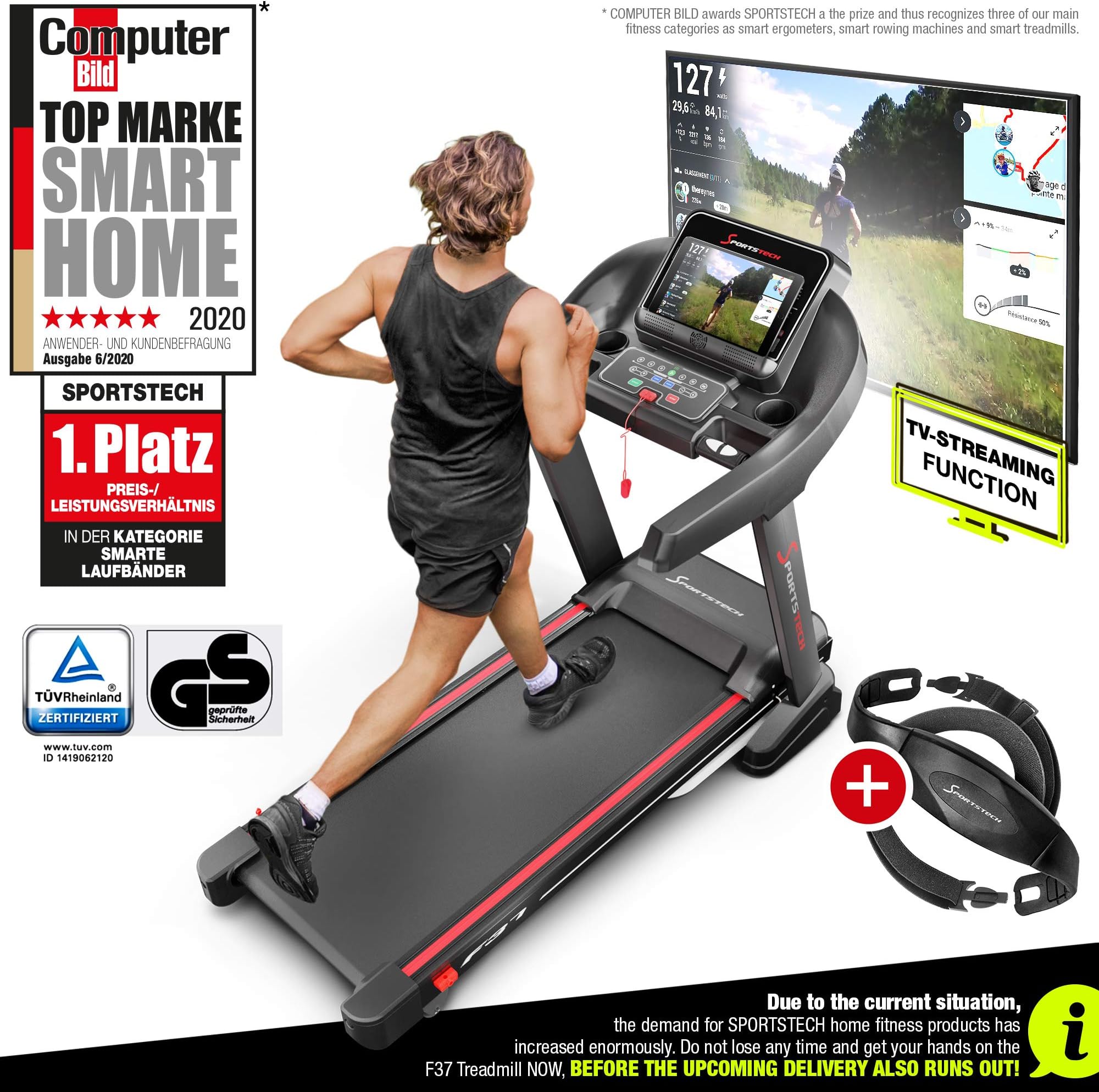 Sportstech F37 Professional Treadmill - German Quality Brand - Video Events & Multiplayer App, 7hp to 20 km/h + lubrication system, foldable, big surface, TÜV/GS, pulse belt, loudspeaker, up to 150kg