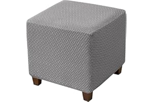 HFCNMY Ottoman Cover Stretch Knitted Jacquard Square Ottoman Cover Thick Ottoman Slipcover Square Storage Ottoman Cover Foot Stool Cover with Elastic Bottom Gray Small