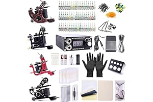 One Tattoo World Complete Tattoo Kit - 4 Tattoo Machines, Digital Power Supply, 54 Color 5ml Tattoo inks, Grips, Needles Transfer Paper, and more- OTW-KTB454