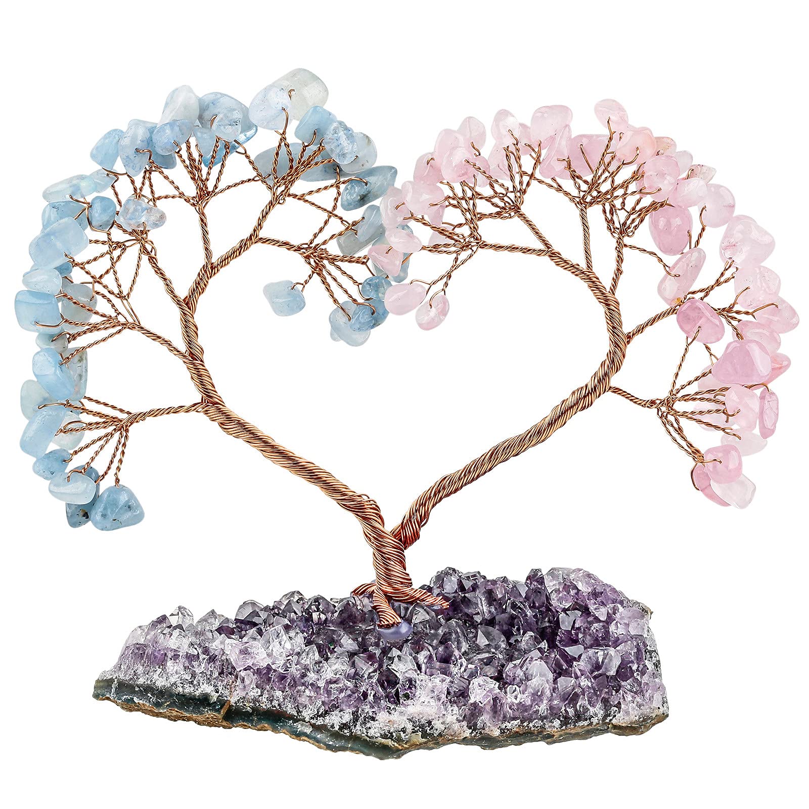 Nupuyai Rose Quartz & Aquamarine Crystal Tree with Amethyst Cluster Base, Love Heart Money Tree Figurines Fengshui Ornament for Home Office Wedding Decoration