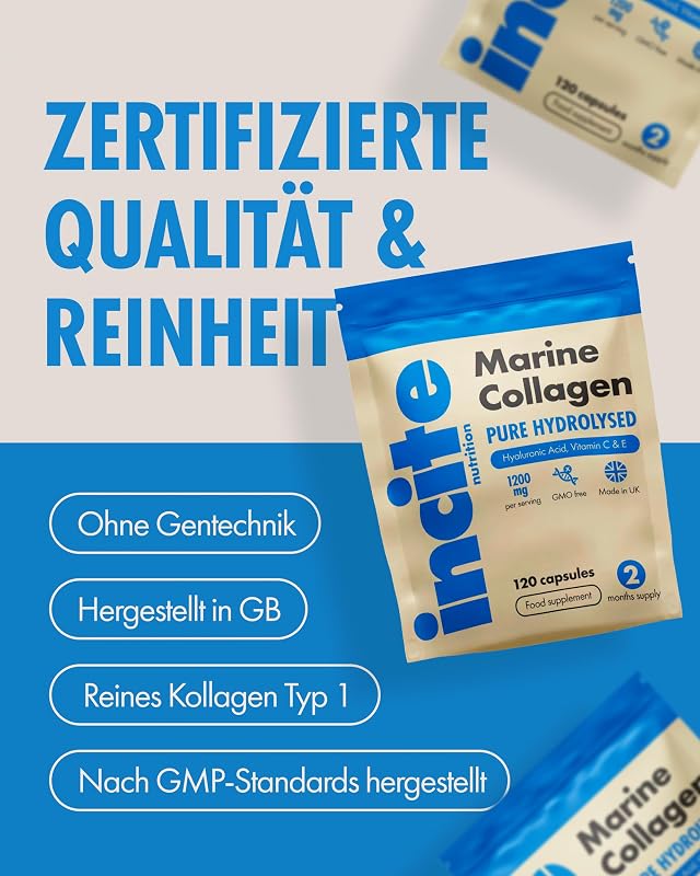 Meereskollagen, reines, hochwertiges hydrolysiertes Marine-Kollagen vom Typ 1 mit den Vitaminen C, E, B12, Kupfer, Zink und Jod, für Damen und Herren, 1200mg, 120 Stück (1er-Pack)