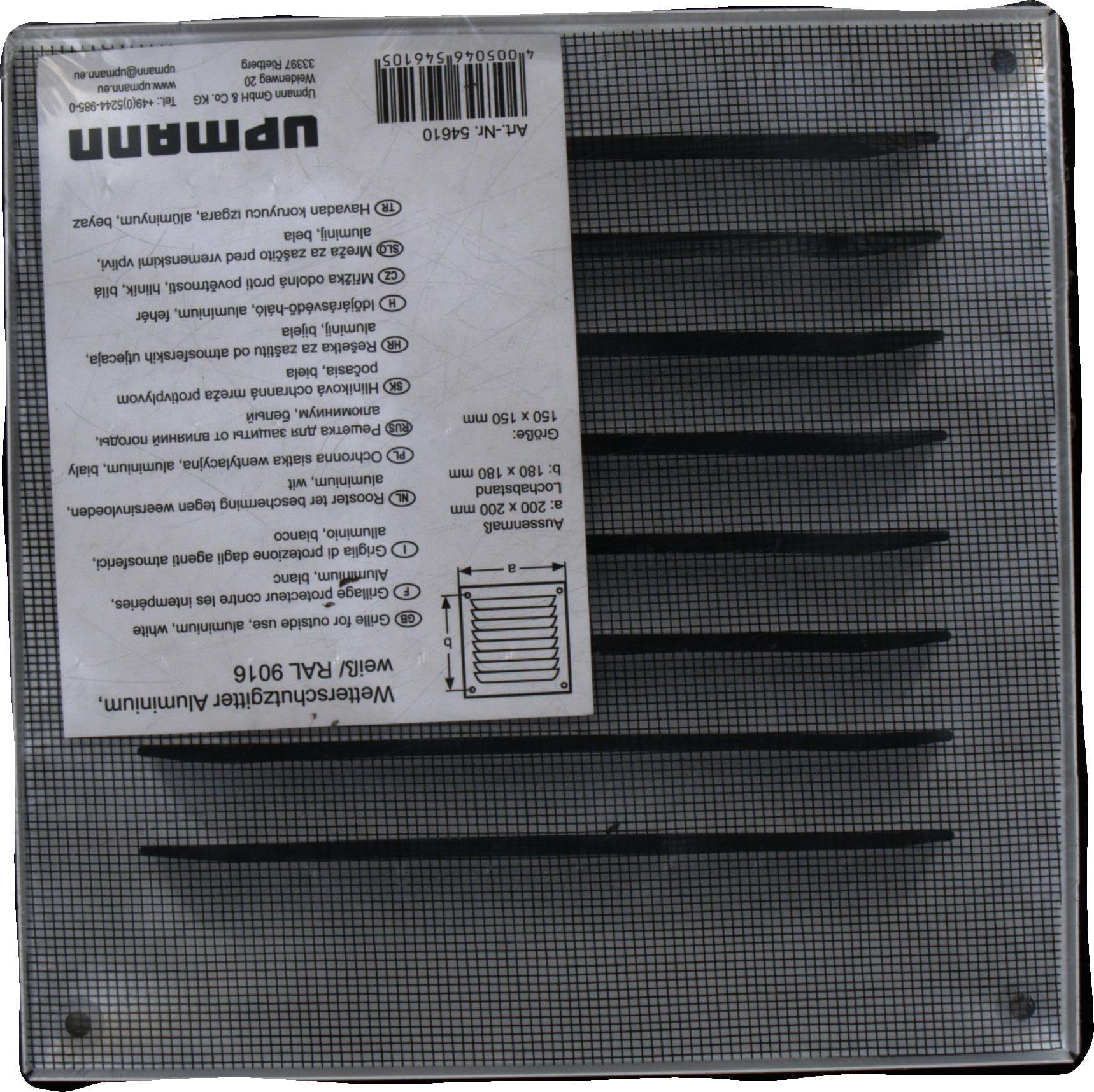 Upmann 54615 Weatherproof Aluminium Grill with Fly Screen 150 x 150 mm, Pack of 1, White, 54610