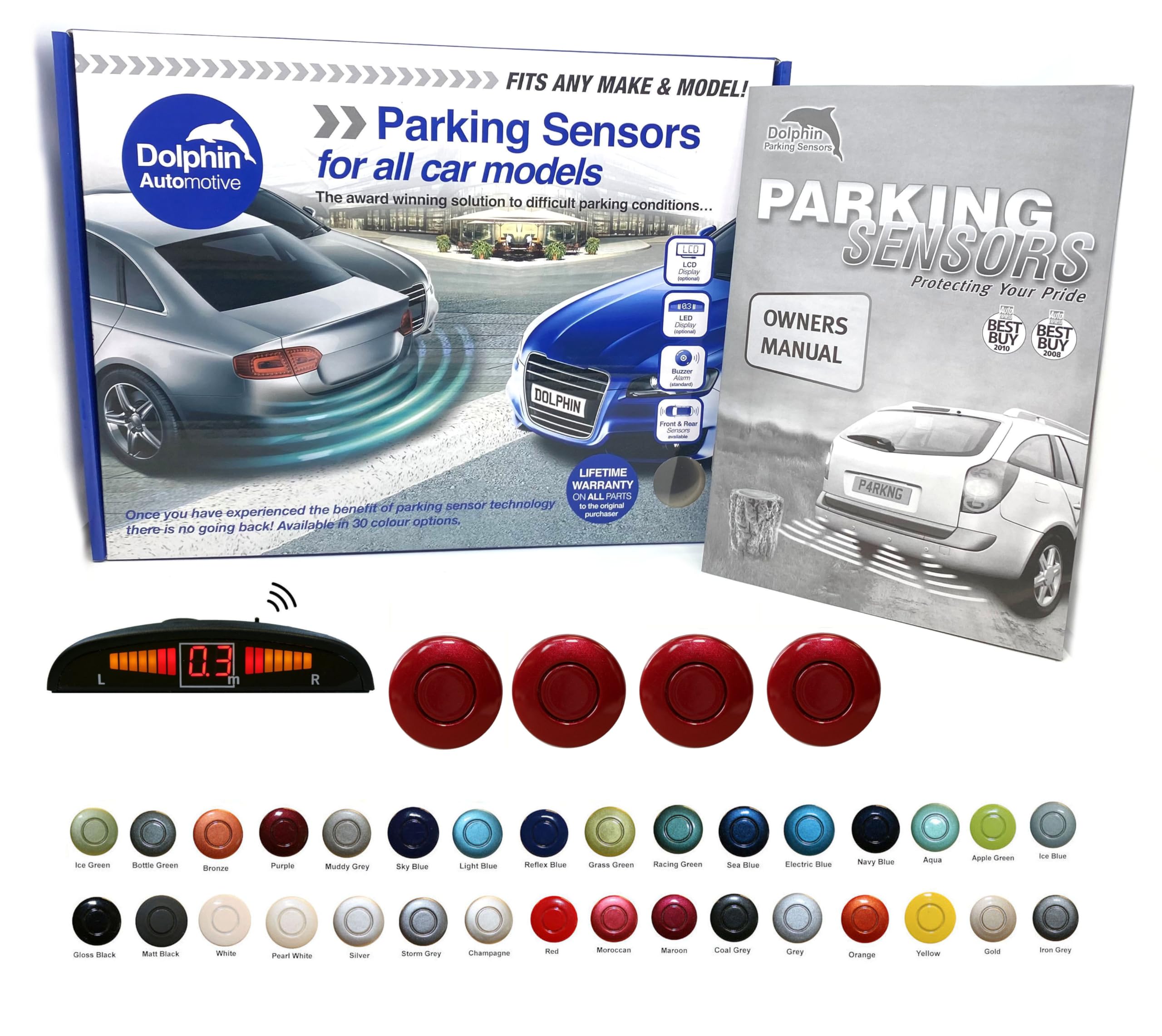 Dolphin Automotive DPS450 Reverse Parking Sensors In 32 Colours 4 Ultrasonic Radar Sensors Kit Audio & Display Alert System - Maroon