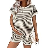 Ekouaer Maternity Pajamas 2 Piece Outfits Waffle Knit Short Sleeve Tops and Shorts Loungewear Set Pregnancy Clothes