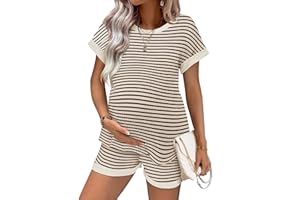 Ekouaer Women's Waffle Knit Maternity Pajamas 2 Piece Outfits Short Sleeve Tops and Shorts Loungewear Set Pregnancy Clothes