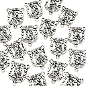 St. Michael Rosary Centerpieces, Shield-Shaped 3-Hole Medal Connectors for 8mm Beads, Saint Michael Protect Us Religious Char