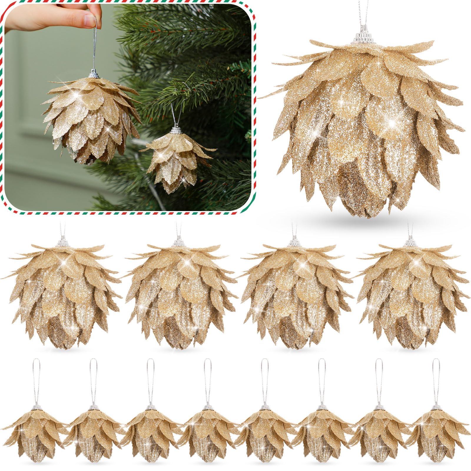 Photo 1 of Syhood 12 Pcs Christmas Ball Ornaments Glitter Pinecone Balls Xmas Tree Decoration Hanging Pinecone Ornaments Rustic Pine Cones for Xmas Winter Party Holiday Wedding Home Decorations(Champagne Gold)