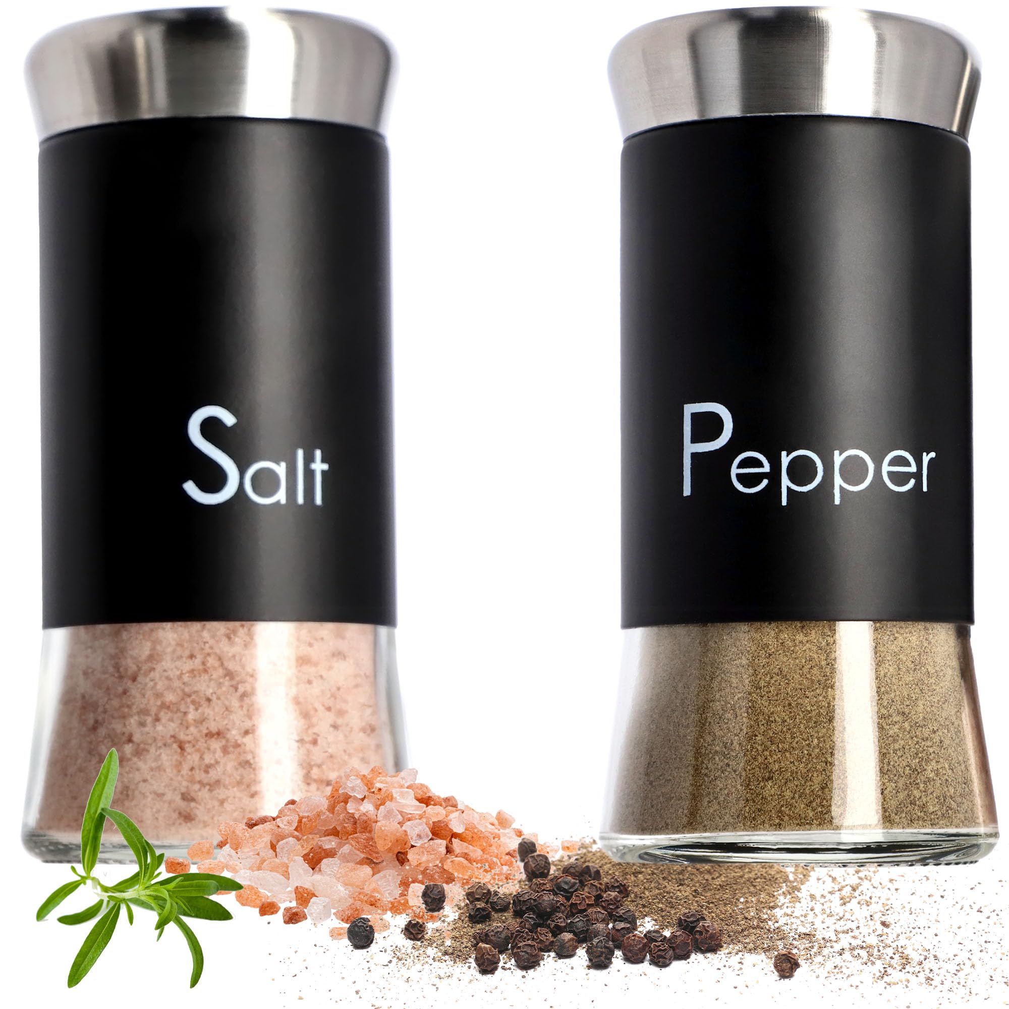 KADAX Salt and Pepper Shakers 150 ml, Stainless Steel and Glass Spice Dispensers with Airtight Lids, Refillable Condiment Set for Kitchen (Black)