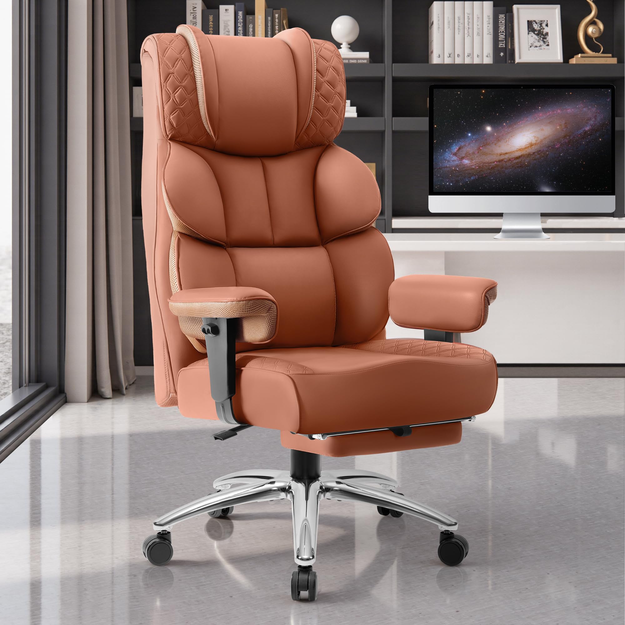 BestGlory Silla de escritorio de oficina, silla de juegos de cuero grande y alta con reposapiés, amplias y ergonómicas sillas ejecutivas reclinables con respaldo alto, ruedas giratorias y soporte lumbar, color marrón
