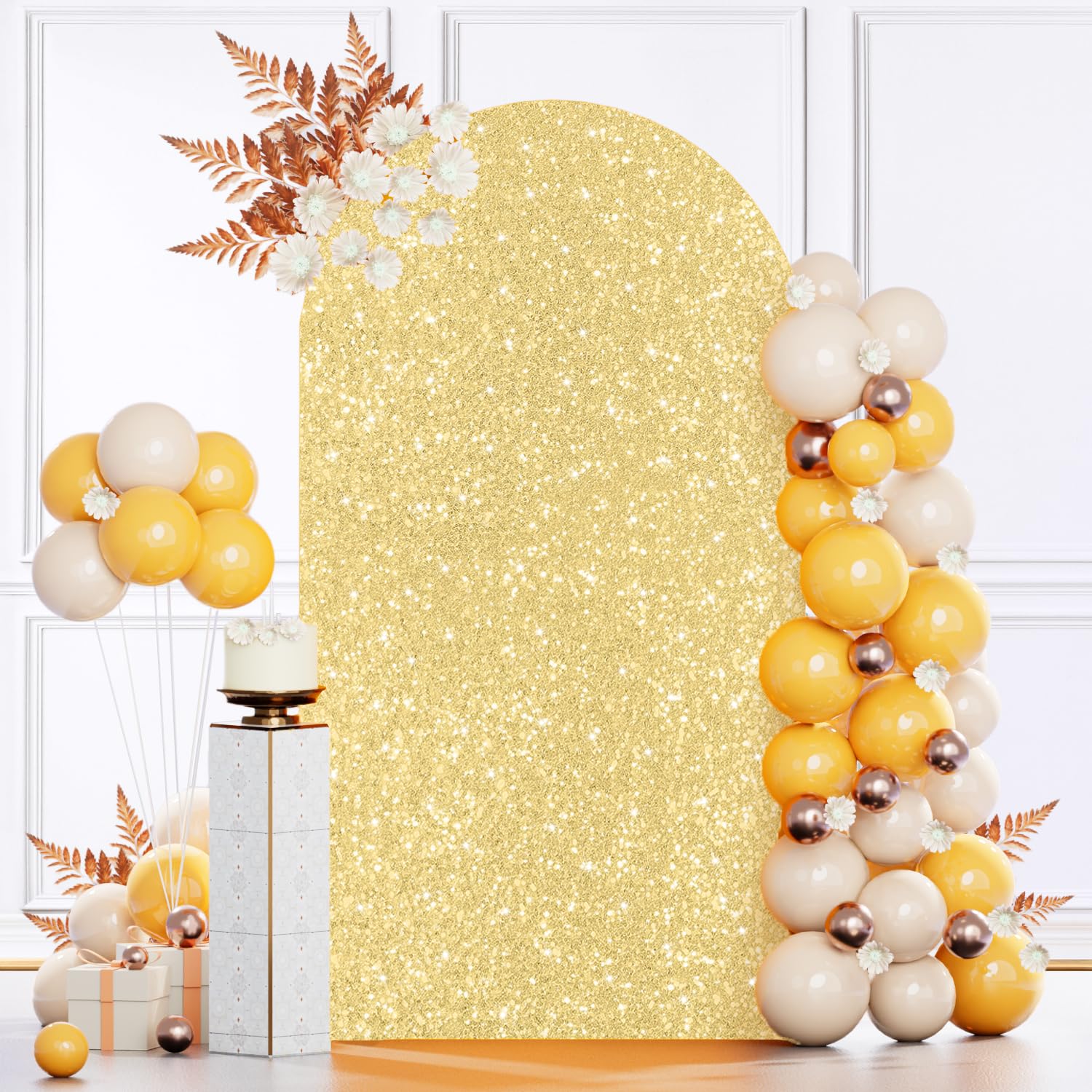 Photo 1 of MODFUNS Gold Sequin Arch Cover 6FT Arch Covers Spandex Arch Backdrop Cover Wedding Arch Stand Covers Fitted Glitter Stretchy Backdrop Shimmer Party Arch Stand Covering for Wedding Prom Party Decor