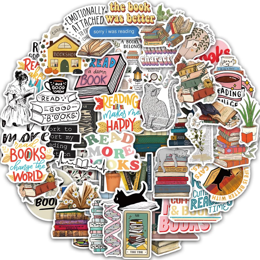 KumCinn 50 PCS Unique Cute Book Stickers for Kindle - Waterproof Vinyl Reading Stickers Pack for Books, Water Bottles, Laptops - Perfect Book Lover Gift Accessories for Kids Teens Adults (CK-030)