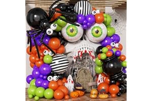 Froova Halloween Balloon Garland 146 Pcs Purple Green Black Orange Balloons Arch Kit with 22 Inch Green Eyeball Balloon Striped Foil Balloons for Spider Spooky Witch Birthday Baby Shower Party Decor