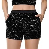 Anna-Kaci Women's Sparkly Sequin Shorts Elastic Waist Glitter Straight Leg Party Shorts with Pockets
