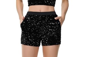 Anna-Kaci Women's Sparkly Sequin Shorts Elastic Waist Glitter Straight Leg Party Shorts with Pockets
