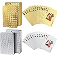 Joyoldelf 2 Decks of Playing Cards, 24K Foil Waterproof Playing Cards & Flexible Poker Cards with Box - Classic Magic Tricks Tool for Party, Game and Cardistry, 1 Gold + 1 Silver