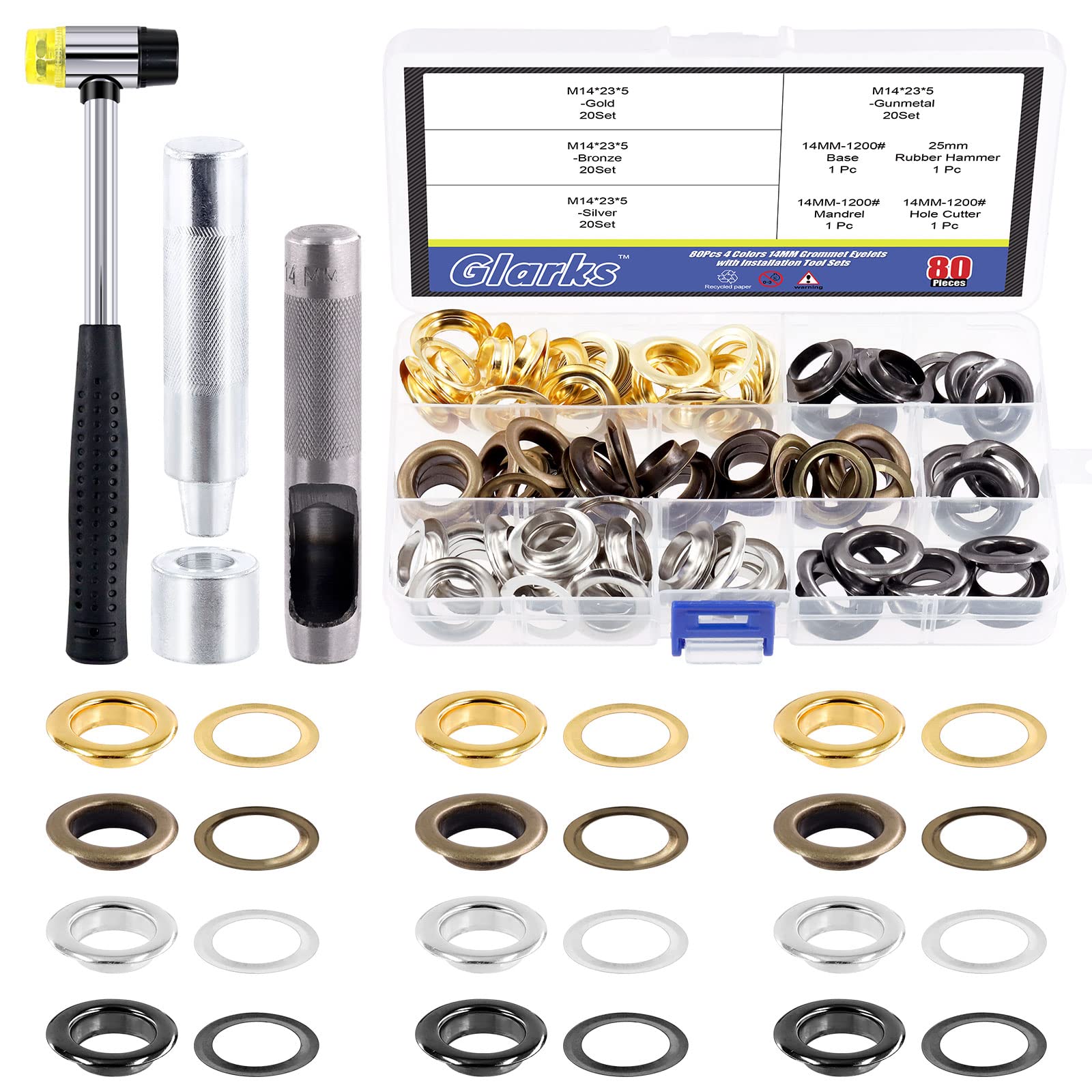 Glarks 82Pcs 14MM 4 Colors Metal Thicken Grommet Eyelets with Punch and Hammer for Canvas, Bead Cores, Tarp, Clothes