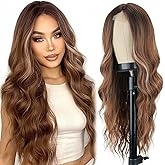 LINGHANG Long Ombre Brown Wavy Wig for Women 26 Inch Middle Part Brown Highlight Wigs Natural Looking Synthetic Heat Resistant Fiber Light Brown Curly Wig for Daily Party Use (Brown Highlight)