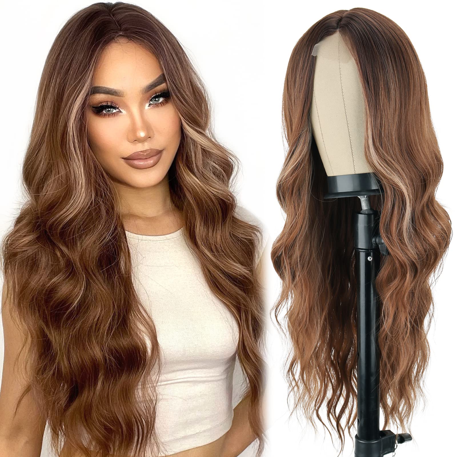 Photo 1 of LINGHANG Long Ombre Brown Wavy Wig for Women 26 Inch Middle Part Brown Highlight Wigs Natural Looking Synthetic Heat Resistant Fiber Light Brown Curly Wig for Daily Party Use (Brown Highlight)