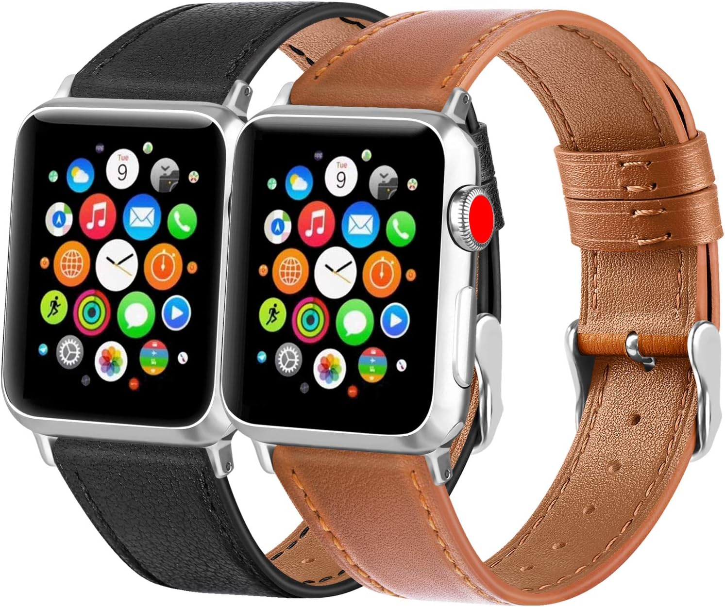 Pack 2 Leather Bands Compatible with Apple Watch Bands 38mm 40mm 42mm 44mm Leather Straps for iWatch Series 5, Series 4, Series 3, Series 2, Series 1