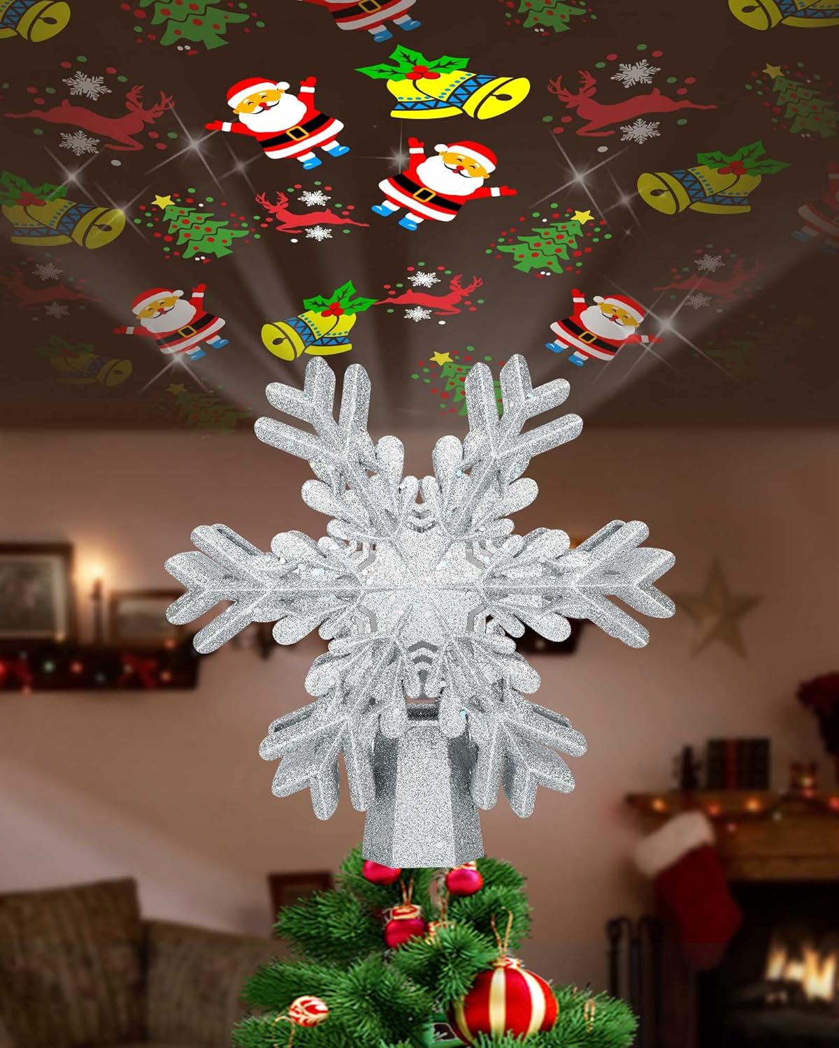 Tree Toppers - Snowflake Christmas Tree Topper, Christmas Tree Topper Lighted with Built-in LED Rotating Projector Lights, Christmas Party Night Indoor Tree Decorations (Silver)