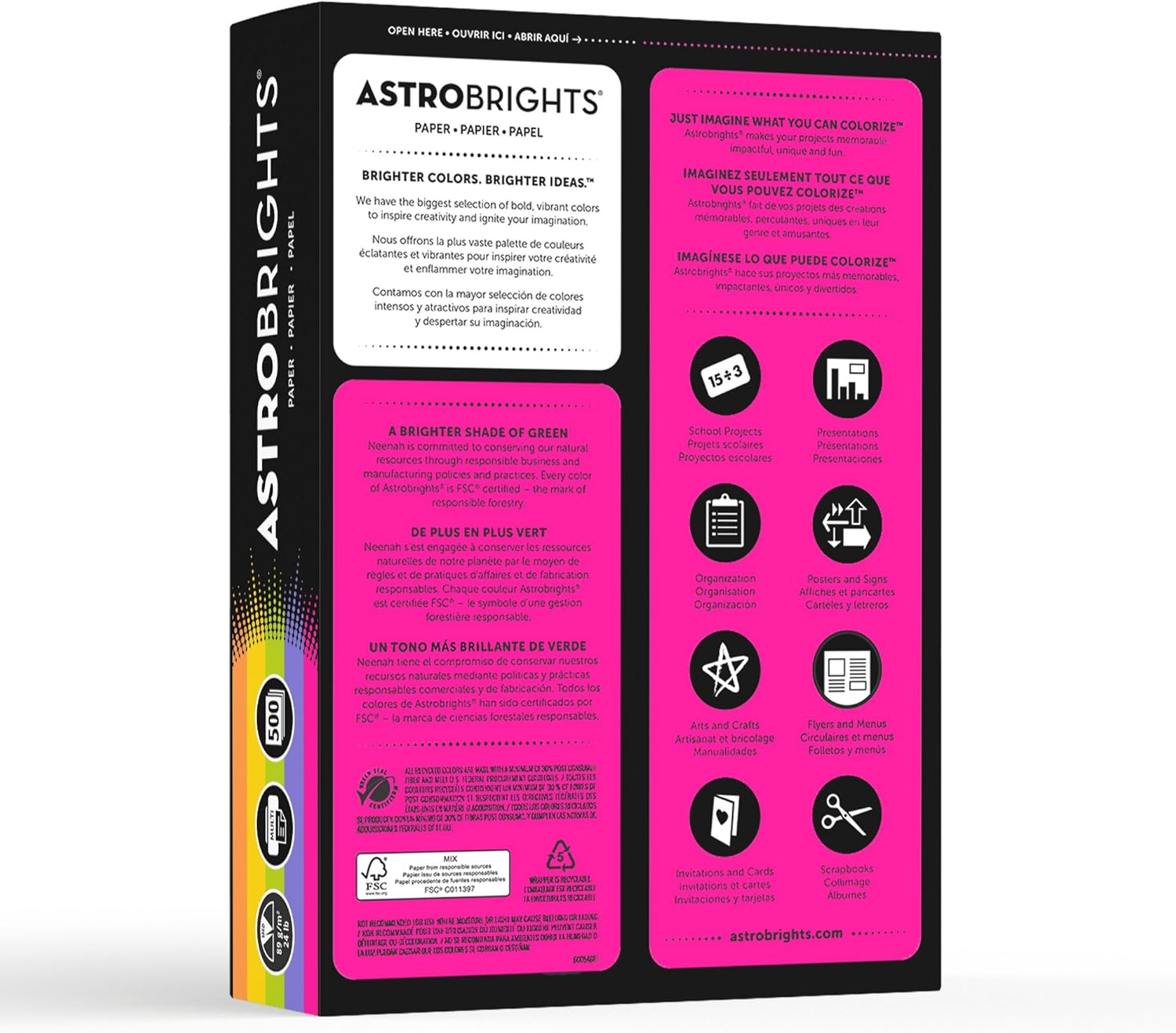 Neenah Wausau 21289 Astrobrights Color Paper, 8.5” x 11”, 24 lb / 89 gsm, “Happy” 5-Color Assortment, 500 Sheets, Multi Colored : Printer And Copier Paper : Office Products