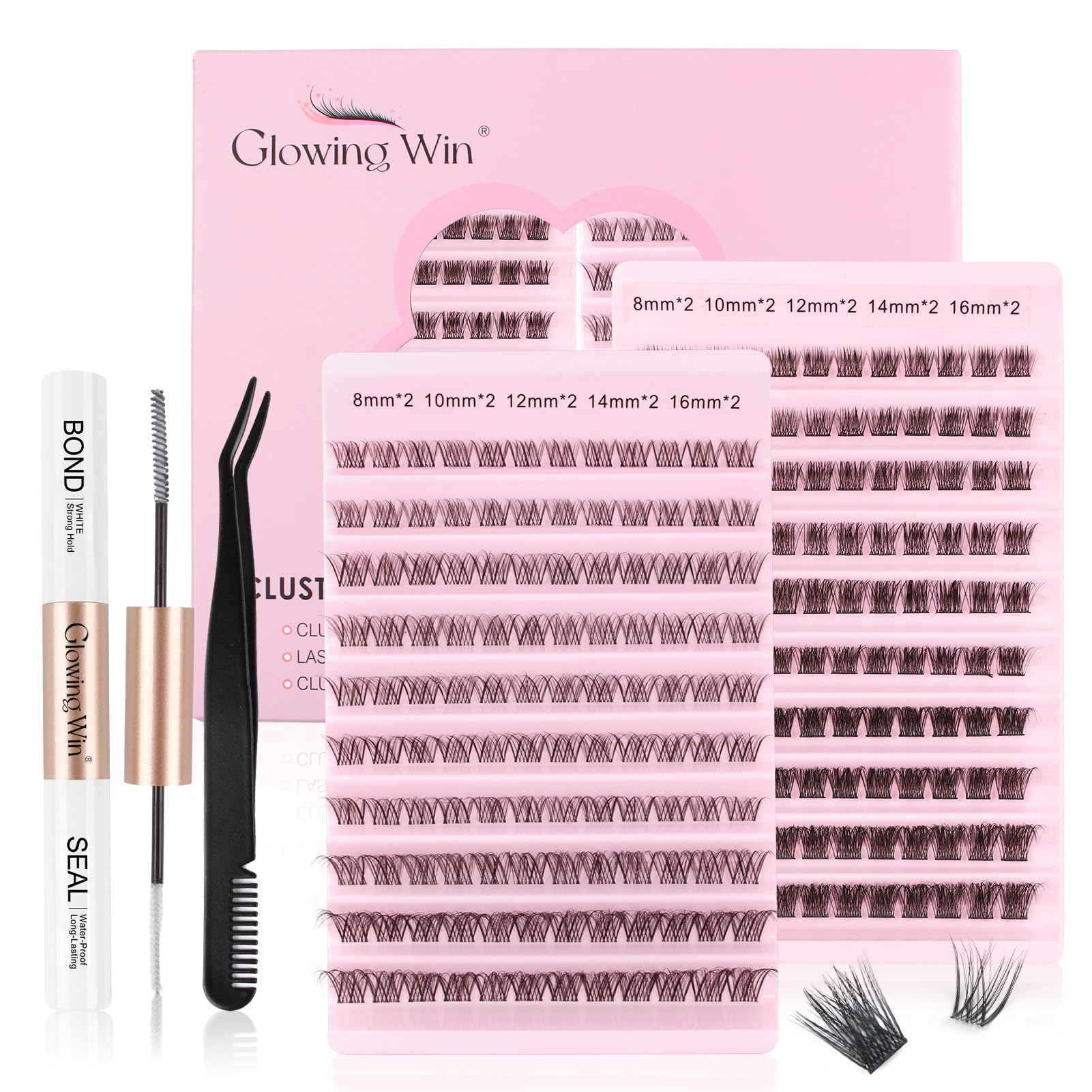 Glowing Win DIY Lash Extension Kit Cluster Lashes Set with Lash Bond Seal and Applicator Mix 2 Packs Individual Eyelashes Natural Look Wispy Manga False Eyelashes Individual Mix8-16mm