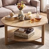 DS-HOMEPORT Round Coffee Table, 35" Circle Wood Coffee Table with Storage Shelf, 2 Tier Center Table for Living Room Apartment Home Furniture, Easy Assembly (Light Brown,35" Dx35 Wx18 H)