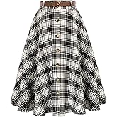 Belle Poque Women's Plaid A-line Skirt Vintage Pleated Flared Midi Skirts Fall Winter Skirts with Pockets & Belts