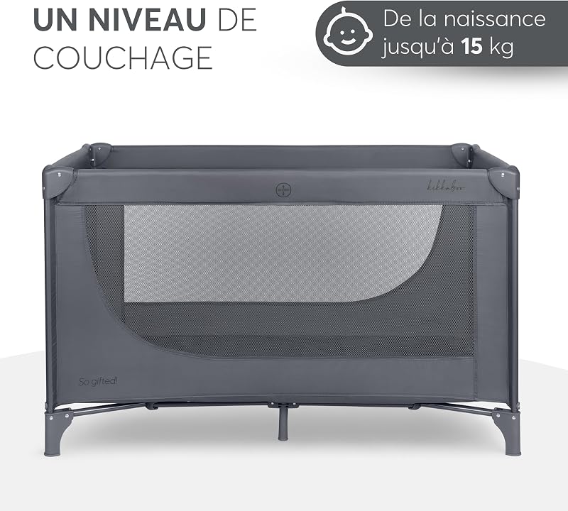 KikkaBoo Lit Parapluie Bébé Pliable Compact So Gifted, Lit de Voyage Léger 120x60 cm, Jusqu’à 15 kg, sans Matelas, Sac de Transport Inclus, Gris Foncé, Cot