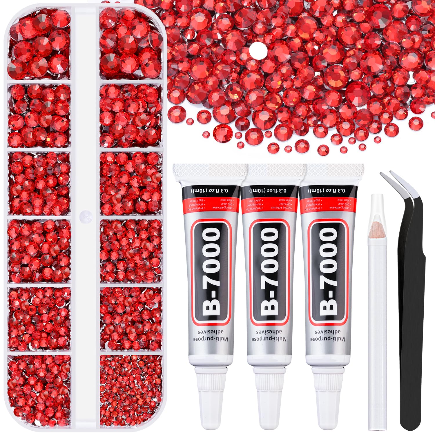 Photo 1 of 6000Pcs Resin Rhinestones for Bedazzling with 3Pcs B7000 Jewelry Glue, 1 Box Red Flatback Rhinestones for Crafting Crafts DIY, Crystals Gems for Clothing Shoes Tumblers Nail Art Makeup