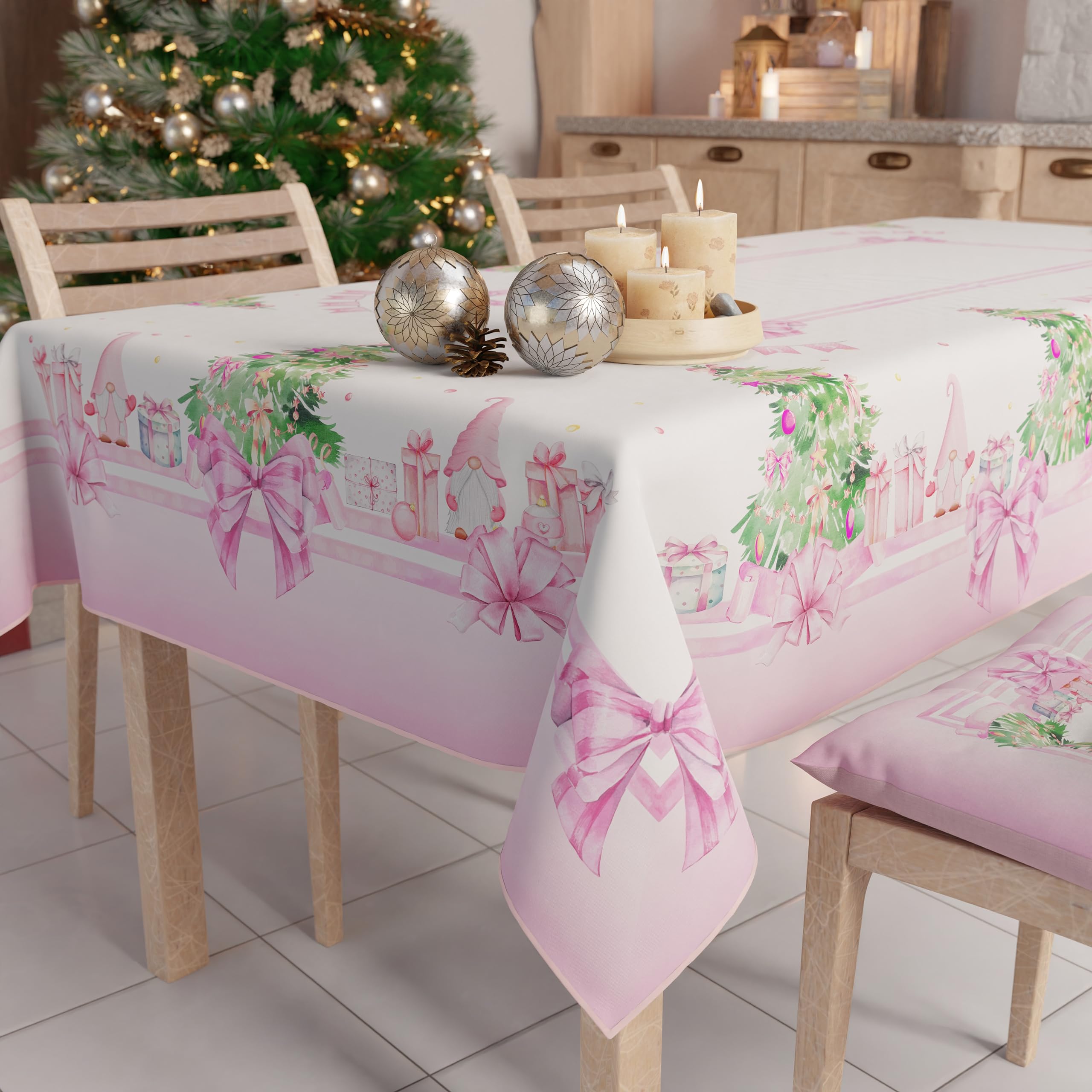 PETTI Artigiani Italiani Stain-Resistant Tablecloth Christmas – 140x360 cm Rectangular Festive Table Cover for Kitchen or Dining Table, Pink Gnomes Design – 18 Seats, 100% Made in Italy — image 1