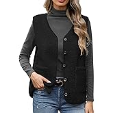 Uikue Women's Fleece Vests Button Warm Sleeveless Coat Vest Fall Fuzzy Lightweight Jackets Winter Soft Outerwear with Pockets