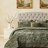 COCOPLOCEUS 3 Pieces Luxurious Velvet Oversized King Quilts Set 120x128 Ruched Bedspread Coverlet Quilted Bedding Set with 2 Pillow Shams 20x36 Ultra Soft Comforter for All Season, Army Green