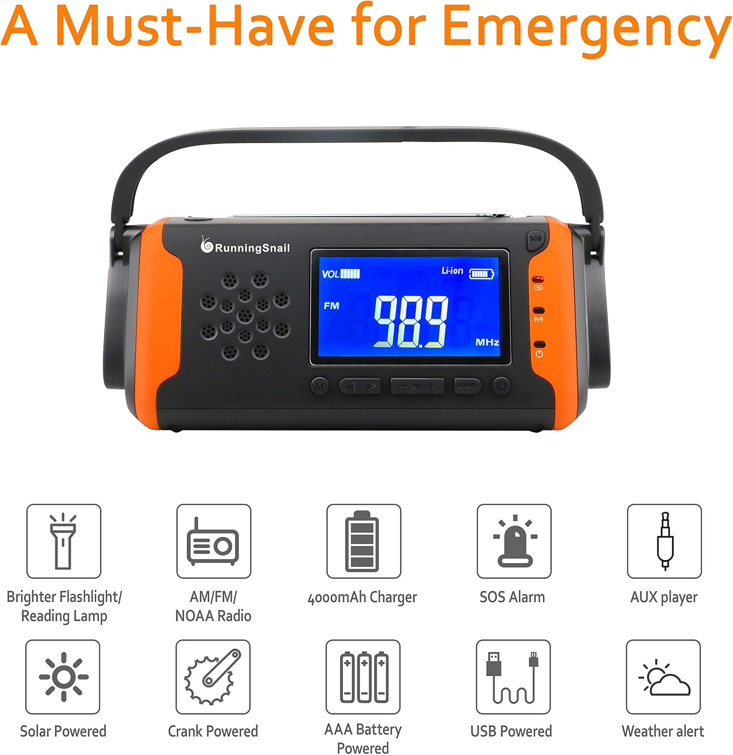 Emergency NOAA Weather Crank Solar Powered Portable Radio with 4000mAh Battery Power for Cell Phone, Bright Flashlight for Household Emergency and Outdoor Survival (097-Orange): Home Audio & Theater