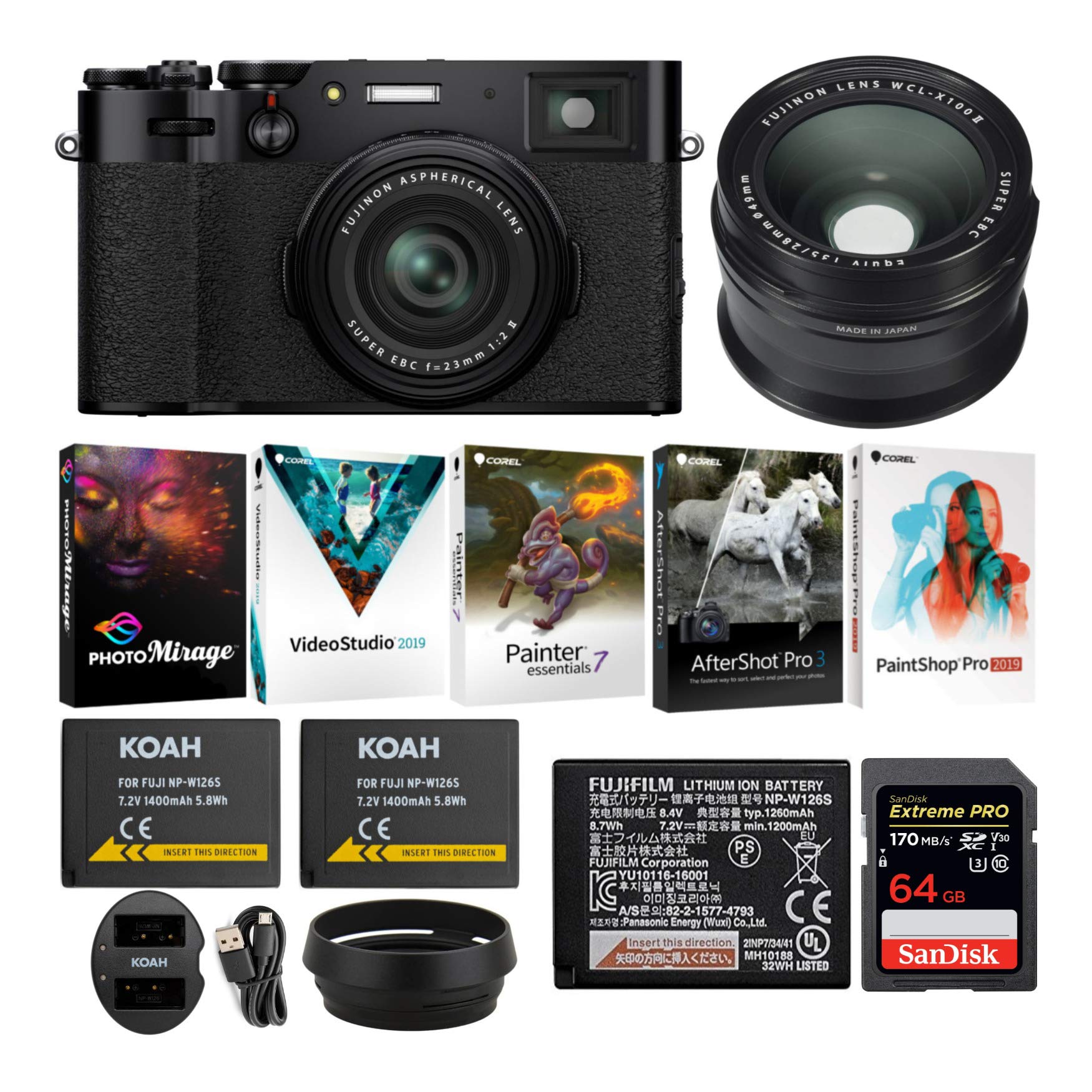 Fujifilm X100V Compact Digital Camera (Black) with WCL-X100 II Wide Lens, Filter Adapter, and Lens H