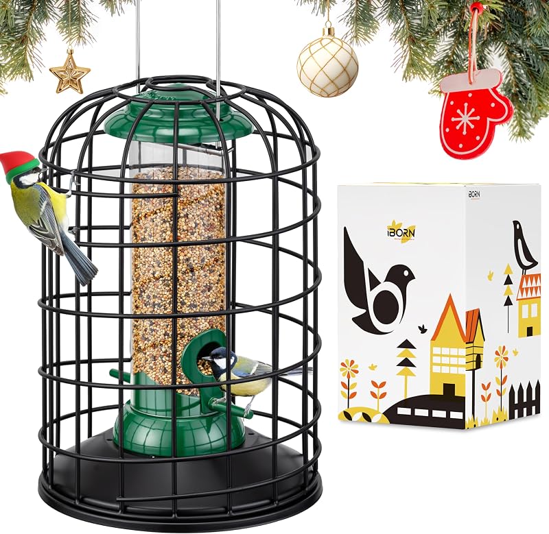 iBorn Squirrel Proof Bird Feeder 8 Inch Green All Metal Anti-UV Cage