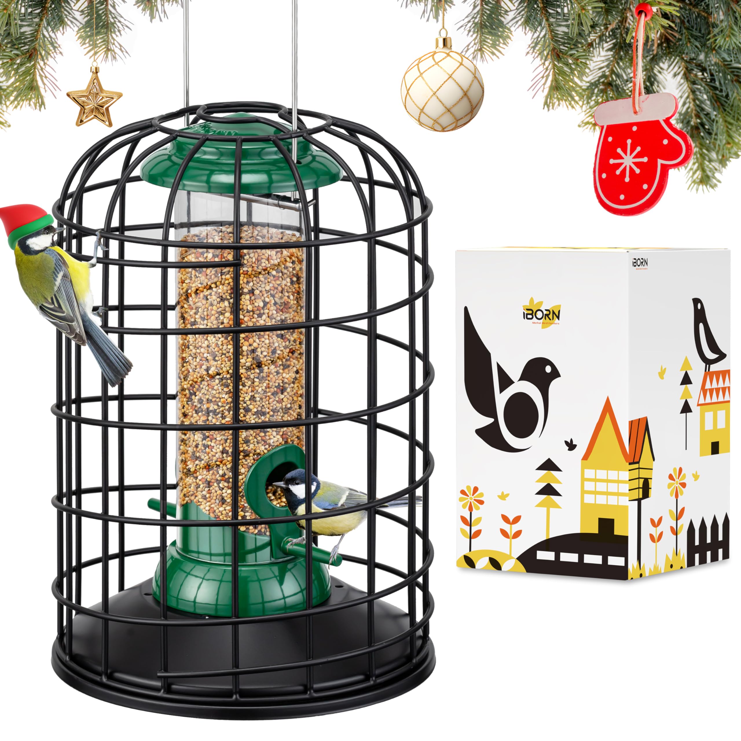 iBorn Squirrel Proof Bird Feeders – Hanging Wild Bird Feeder for Mix Seed Blends, Sunflower Heart, Heavy Duty All Metal Anti-UV Finishing, 8 Inch Green BirdFeeder, for Bird Lovers