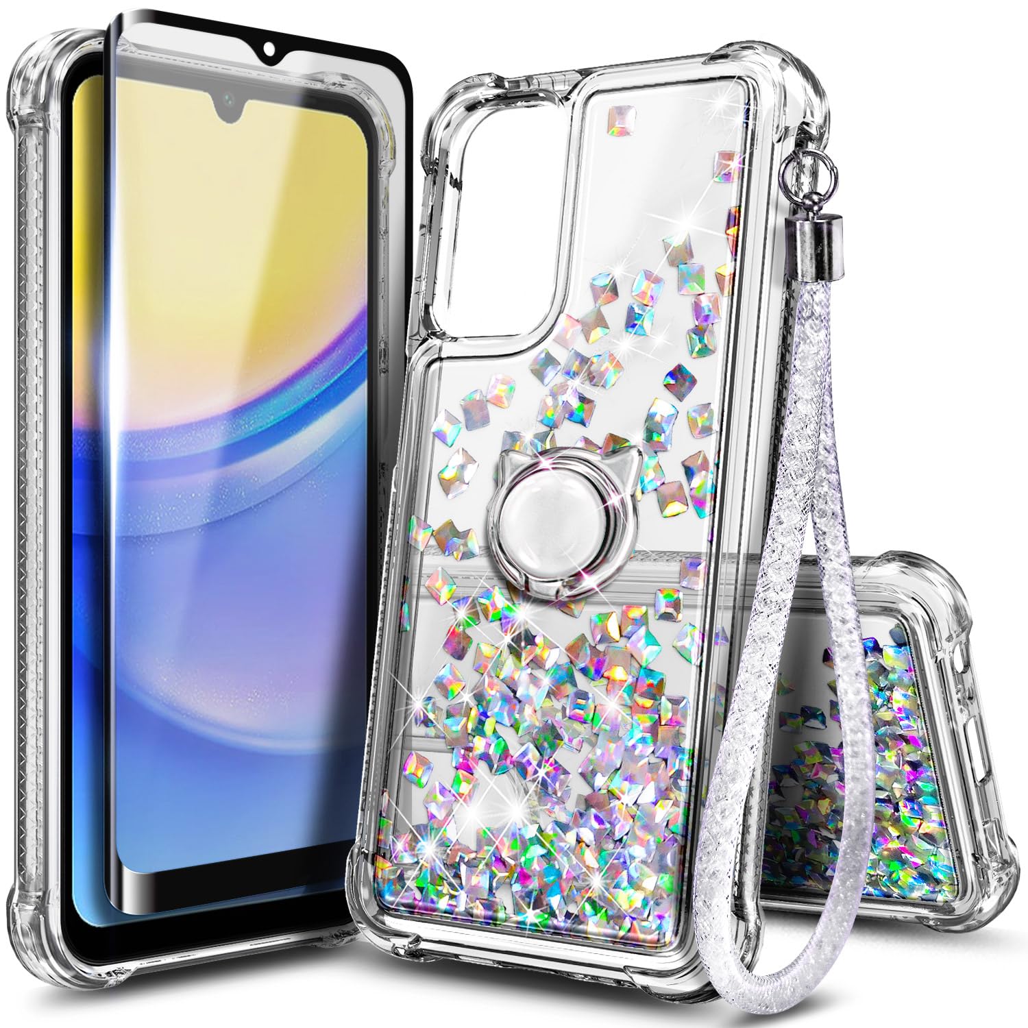 NZND Compatible with Samsung Galaxy A15 5G Case with Tempered Glass Screen Protector (Maximum Coverage), Ring Holder/Wrist Strap, Glitter Floating Liquid Waterfall Cute Case (Crystal Gem)